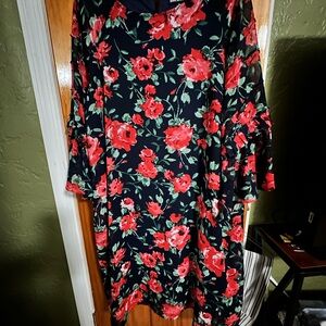 Nina Leonard Navy and Red Floral Long Sleeve Dress